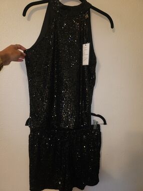 Black Sequin Halter Top And Short Set.